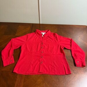 VTG Red Button Front Collared Blouse Romantic Classic Office Petite 16P